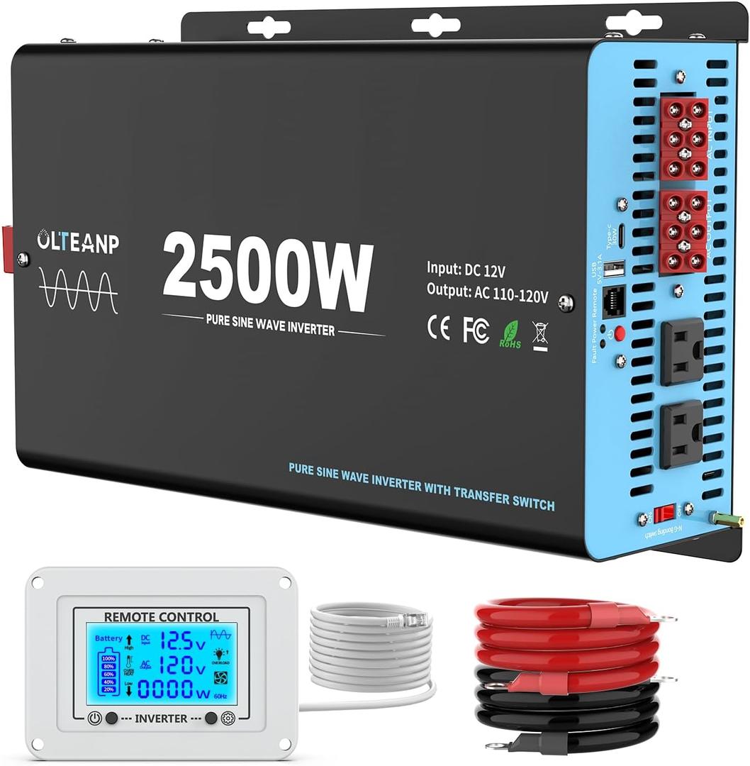 2500W Pure Sine Wave Power Inverter with Transfer Switch, 12V DC to 120V AC Converter, Auto Switch to Shore Power, 5000W Peak, Remote LCD Controller, USB & Type-C for RV, Truck, Off-Grid Use