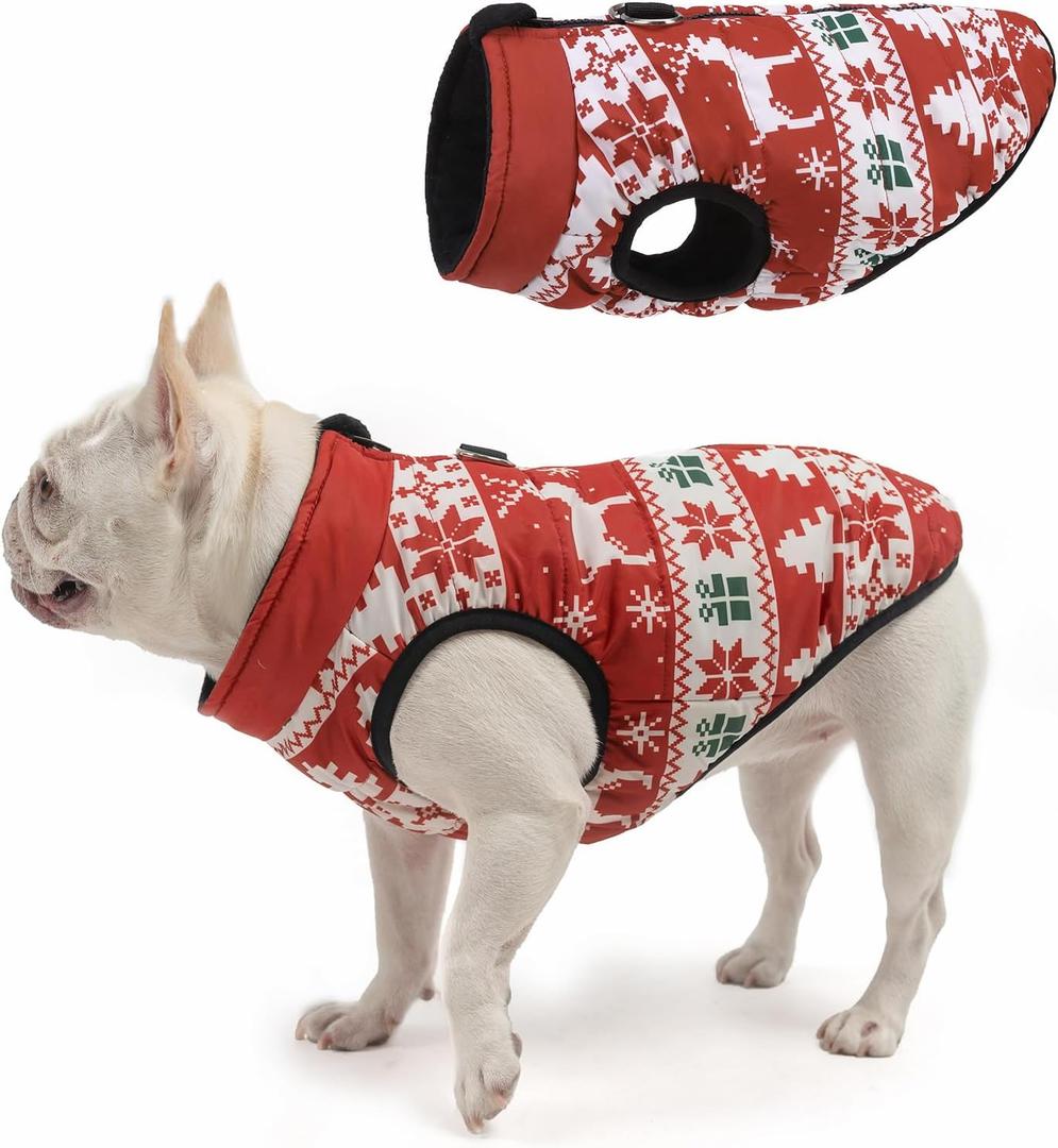 SCENEREAL Christmas Winter Dog Vest Coat with Harness Built in, Warm Puppy Jacket for Small Medium Dogs, Cold Weather Coat with Zipper, Fleece Puffer Vest Windproof Snow Clothes, L