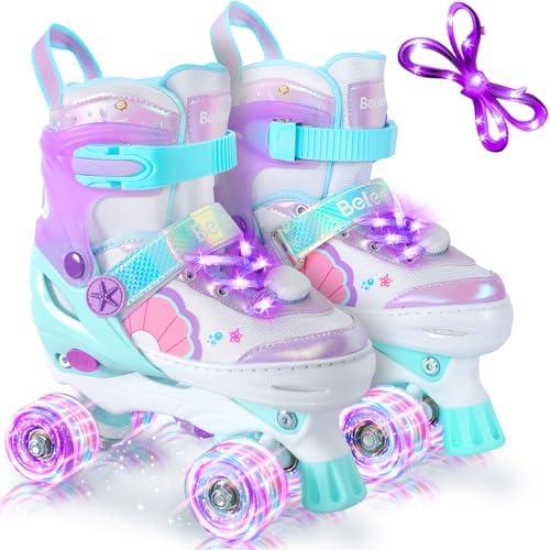 BELEEV Kids Roller Skates for Girls, 4-Size Adjustable Quad Skates with 8 Light-Up LED Wheels & Bonus Shoe Lace, Safe & Fun for Toddlers Children Beginners, Ideal Birthday
