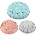 Sakolla 3 Pack Flower Shape Silicone Cake Molds, Large Round Silicone Molds for Baking Cake, Breads, Pies, Tarts (Rose, Chrysanthemum, Sunflower)