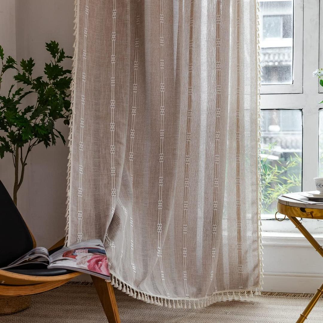 Linen Curtains 108 Inches Long for Living Room 2 Panels Set, Embroidery Farmhouse Tassel Boho for Bedroom Light Filtering Window Rod Pocket Drapes (52" W x 108" L, Khaki)