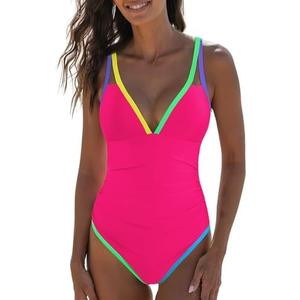 popvil Women's One Piece 2025 Tummy Control Swimsuits Neon Color Block Swimwear Deep V Neck Slimming Bathing Suit M