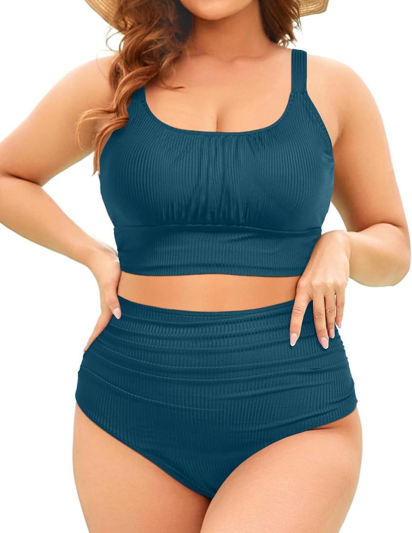 Plus Size Two Piece Swimsuit - Women Ribbed High Waisted Bikini Sets Teal Tummy Control Bathing Suits 2025 Swimwear 18W