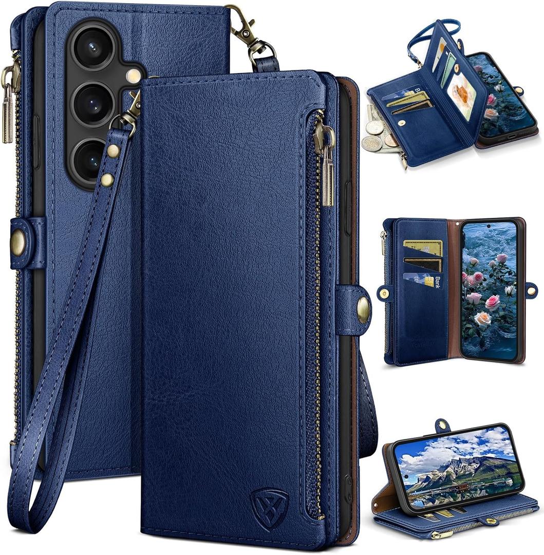 XcaseBar Compatible with Samsung Galaxy S25 Plus Wallet case with Zipper Credit Card HolderRFID Blocking,Flip Folio Book PU Leather Phone case Shockproof Cover Women Men for S25 Plus case Blue