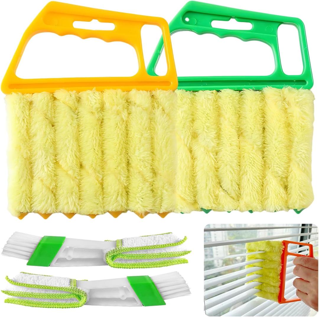 4Pcs Blind Cleaner Duster Tool Set with 7-Finger & 3-Finger BrushesWashable Multi-Surface Dusting Kit for Wood Blinds, Venetian Blinds, AC Vents, Car Vents, Shutters & Fans (Yellow+Green)