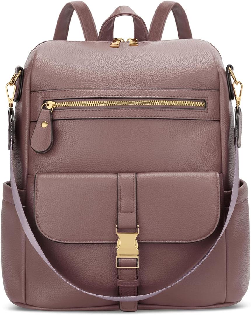 KKXIU Backpack Purse for Women - Multi-pocket Leather backpack for Travel, Work & School with Anti-Theft Lock Pocket, Luggage Strap & Water Bottle Pockets - 13x14x5.2 Inch (Dark Pink) (Medium)