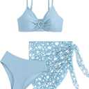 COZYEASE Girls' 3 Piece Bikini Set Ditsy Floral Print Wireless Swimsuit with Beach Skirt (Blue)