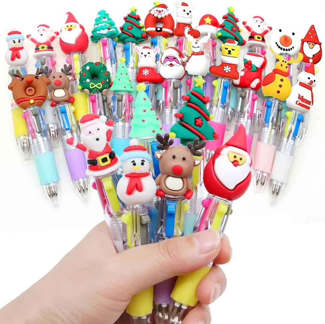 24 Cute Multicolor Pen Fun Christmas Pen, Colored Ballpoint Bulk Pens for Gifts, Perfect for Xmas Winter Holiday Birthdays Parties - 4 Color Pens in One