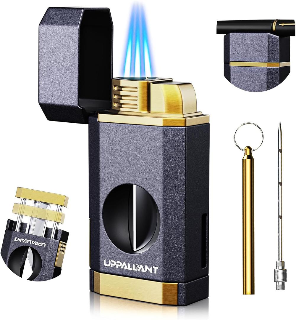Triple Flame Torch Lighter with Built-in V Cutter, Holder and Draw Enhancer Tool, Butane Refillable Torch Lighter, Multifunctional Accessories Gift, Windproof Lighters for Candles and Outdoors (Purple Gold)