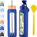 32 oz 1L Borosilicate Glass Water Bottle with Bamboo Lid, Stainless Steel Straw, 2 Leak-Proof Lids, Silicone Sleeve, BPA Free for Gym, Office, Home & Travel
