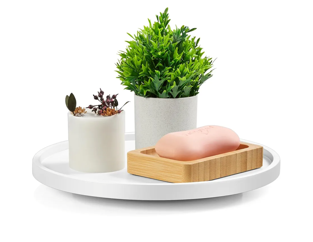 10" Wood Lazy Susan Turntable Organizer, Lazy Susan for Table Top Cabinet Dining Pantry Countertop Cupboard Organization, Decorative Tray for Kitchen Bathroom Decor Coffee Bar Accessories, White