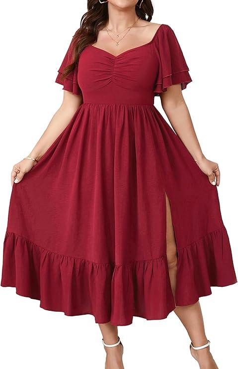 SCOMCHIC Womens Plus Size Wedding Guest Cocktail Dresses Sweetheart Neckline Short Sleeve Smocked Ruffle Slit Maxi Dress, Size 4XL
