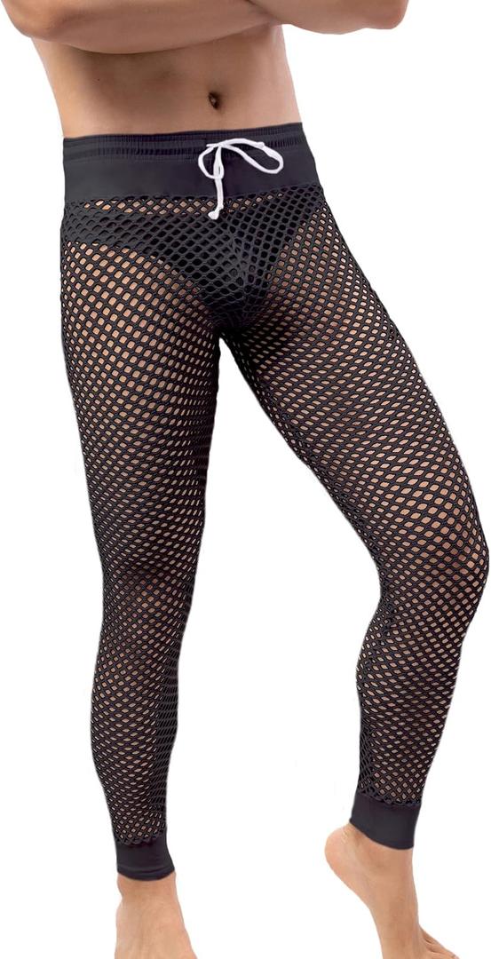 Men's Mesh See Through Pajama Breathable Long Pants Sleep Lounge Nightwear Homewear Bottoms (Black, M)