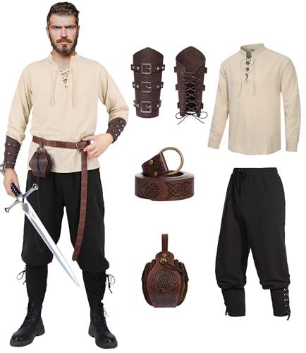 DIYLN 4 Pcs Renaissance Costume Men Medieval Shirt Ankle Banded Pants Halloween Costumes Pirate Cosplay Outfit with Viking Accessories Pouch Belt Arm Guards DY036, L