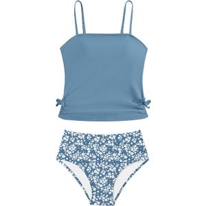 Girls Tankini Swimsuits Two Piece Bathing Suit Drawstring Swimwear Set for Girls 13-14 Years (Blue)