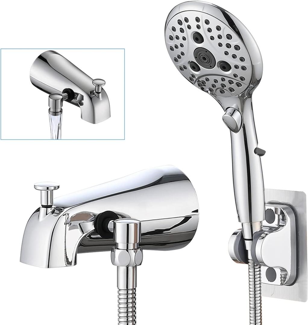 PROOX All Metal Tub Spout with Diverter, 6 Settings Hand held Shower with ON/OFF Pause Switch, Bathtub Faucet with Sprayer Chrome