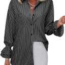 Women's Striped Button Down Shirt Smocked Cuffed Boyfriend Blouse Ruffle Sleeve Casual Tunic Tops with Pockets (Large, Black Stripe)