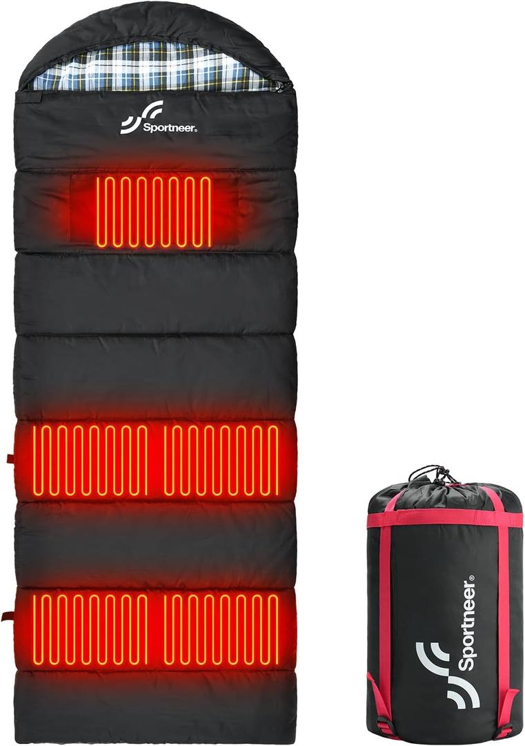 Sportneer Heated Sleeping Bag with 5 Heating Zones, Warm Flannel Cold Weather Sleeping Bag for Adults, 3 Heat Levels USB Powered (Power Bank Not Included), Winter Camping & Outdoor Hiking (Black)
