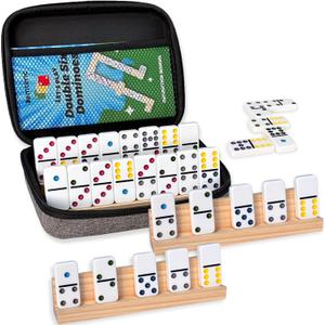 Upgraded Dominoes Double 6, 28 Dominos Tiles, 4 Wooden Holders/Racks Travel Memory Table Game with Portable Case for 2-4 Players Classic Family Board Games for Adults, Kids