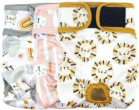 Langsprit Washable Female Dog Diapers (3 Pack) - Doggie Reusable Small Medium Large Dog Diapers for Doggy Puppy Female in Period - Highly Absorbent Dog Heat Panties (Medium,Rabbit, Owl, Lion)