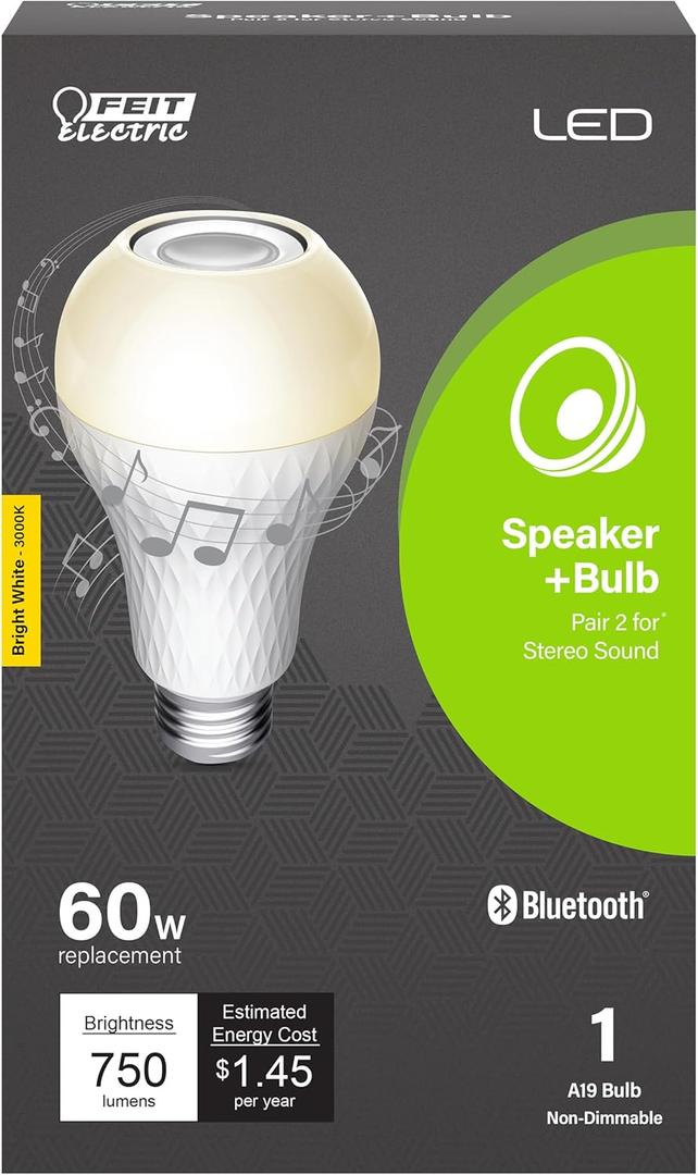 Feit Electric A19 LED Speaker Light Bulb, 60W Equivalent Built-in Speaker IntelliBulb, E26 Medium Base, 750 Lumens, 3000K Bright White - BTOM60830LEDI
