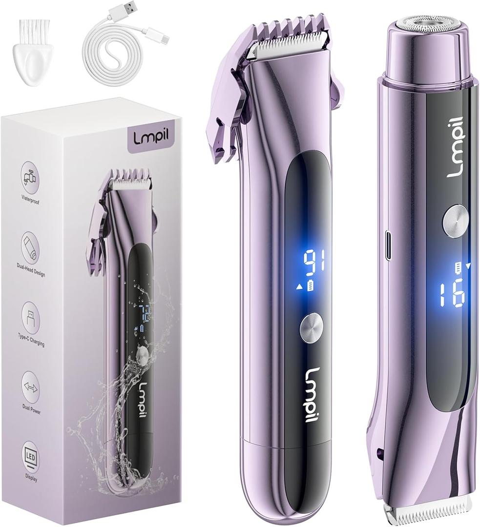 Bikini Trimmer for Women, 2-in-1 Electric Razor with Dual Heads, Ceramic Blade, Waterproof & Rechargeable, Painless Pubic Hair Shaver for Bikini, Underarm, Legs, Face | Gift for Her - Lightpurple