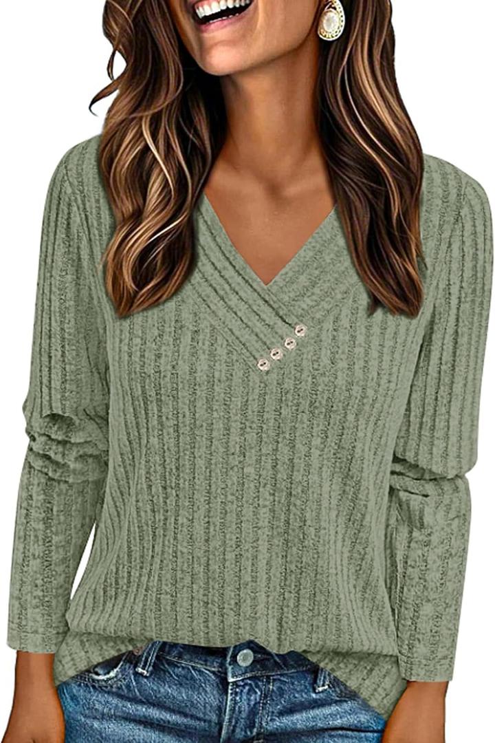 PRETTYGARDEN Women's Fall Long Sleeve V Neck Tunic Shirts | Soft Fuzzy Ribbed Knit, Loose Fitting Tops, Deco Buttons, Lightweight Sweaters, Casual Spring Blouses for Office, Going Out (Green, M)