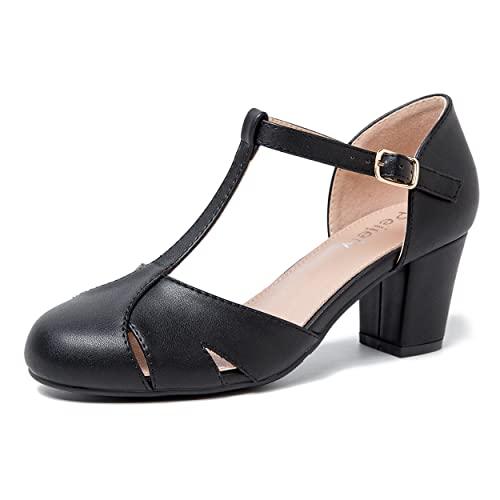 Women's T-Strap Block Heel Pumps, Ankle Buckle Closure, Classic Cut Out Round Toe Dress Shoes Matte Black 41 - US 9