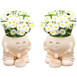 2 Pcs Creative Flowerpot Face Planter, Naughty Boy Plant Face Pot with Drainage Holes for Indoor Outdoor, Succulent Pot, Funny Flower, Gift for Friends and Family Khaki