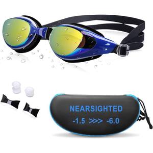 Nearsighted Swim Goggles, Shortsighted Swimming Goggles (-8, Mirrored Coating Blue 19)