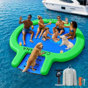 CALOBANA Water Hammock with Dog Boat Ramp, Inflatable Round Floating Ring for Adults Pets Heavy Duty Floating Dock Tanning Pool Lounger Float Island Platform for Pool Sea River Dock Boat Party, 10ft Hammock with Ramp 10FT