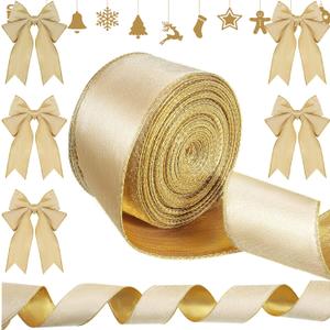 Syhood Christmas Wired Velvet Ribbon with Gold Edge Waterproof Velvet Decoration Ribbon Wrapping for Xmas Wreath Bows Floral Craft Ornaments(2.5 Inch X 20 Yard,Gold)