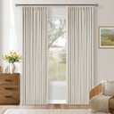 Pleated Cream Ivory 86 Inch Blackout Curtains for Living Dining Room 2 Panels Set Boho Farmhouse Pinch Pleat Natural Linen Black Out Bedroom Curtains Thermal Insulated Room Darkening 2 Layer Design