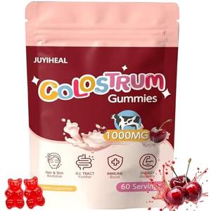 JUYIHEAL Colostrum Gummies, 1000 mg Grass Fed Colostrum Chews Colostrum Supplement for Gut Health, Hair Growth, Beauty, and Immune Support, Cherry Flavor 60 Servings, Pack Of 2, Best By: 01/18/2027