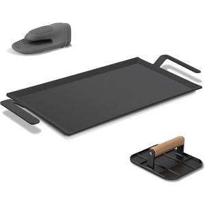 Carbon Steel Griddle Comes with Grill Press, Double Burner Griddle for Gas Stove, Electric Range, Outdoor Gas Grill, Induction, and Oven, Pre-seasoned Nitride Coating Compatible with Made in