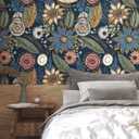 Boho Wallpaper Peel and Stick, Dark Vintage Floral Contact Paper, 17.5" x 197" Retro Botanical Flower Wall Paper Self Adhesive Removable Waterproof for Walls Shelf Cabinet Table (Blue,Yellow, Green)