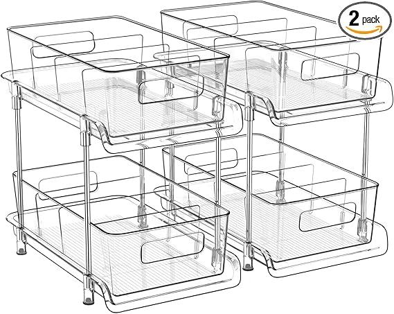 HIHEGD 2-Tier Bathroom Organizer with Dividers, Clear Under Sink and Pull-Out Cabinet Organizer for Kitchen and Pantry Storage