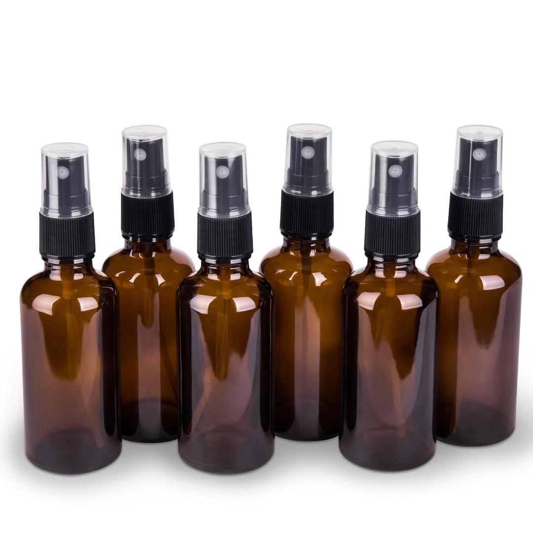 Spray Bottles, 2.7oz/80ml Amber Glass Empty Fine Mist Plastic Mini Travel Bottle Set, Small Refillable Liquid Containers with 2pcs Funnels and 24pcs Labels (6 Pack)