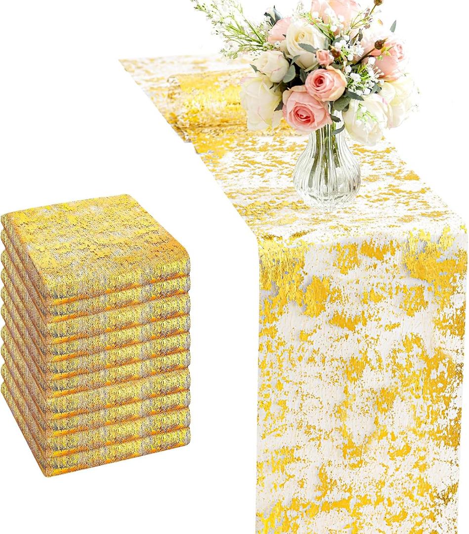 10 Packs Gold Table Runner Roll 11x84 Inches Metallic Mesh Sparkling Glitter Party Decor for Weddings, Holidays, Dining Table Shiny Runners for Table (Gold, 10 Pieces)