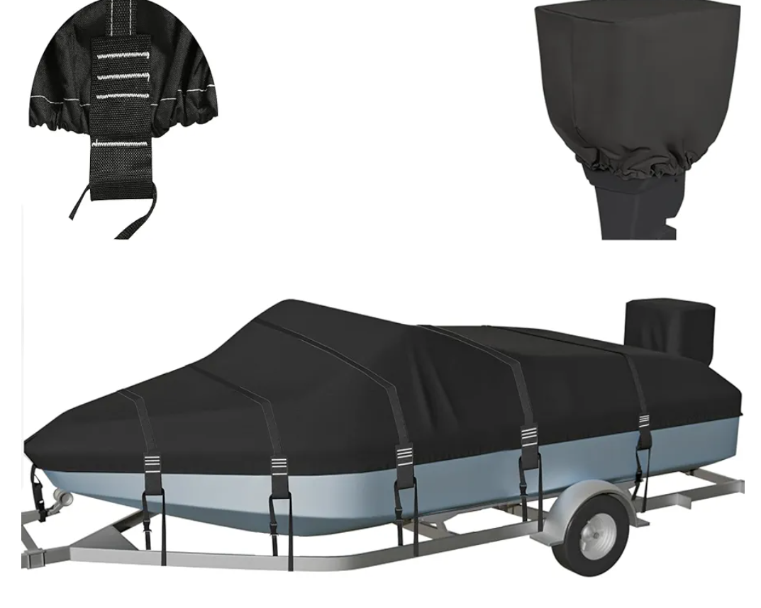 1200D Solution-Dyed Waterproof Boat Cover, Heavy Duty Trailerable Bass, Runabout, V-Hull, Tri-Hull Pro-Style Fishing Boat Cover with Motor Cover