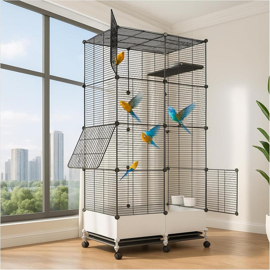 69in Large Forged Steel Birdcage, Comes with Bird Nest, Ladder, Hammock, Feeder, etc. Equipped with Wheels for Outdoor Mobility, Suitable for Parrots, Pigeons (Black, 29.2" Lx14.6 Wx67 H)