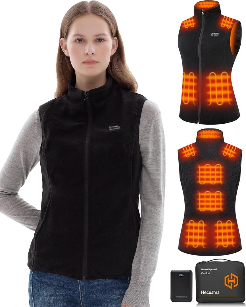 Hecusma Fleece Heated Vest for Women with Battery Pack 16000mAh 7.4V Included, Heated Vest Women, Warming Heating Vests (X-Large, Black)