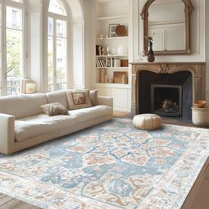 Vhong Washable Area Rugs Boho Vintage Neutral Modern Pale Blue 8ft x10 ftNon Slip Carpet for Living Room Dining Room Bedroom
