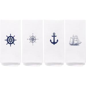 Nautical Ship Steering Wheel Compass Anchor Sailboat Dish Cloths Towels 24x16 Inch Set of 4,Nautical Decor Decorative Dish Hand Towels for Coastal House Kitchen,Sea Lover Gifts
