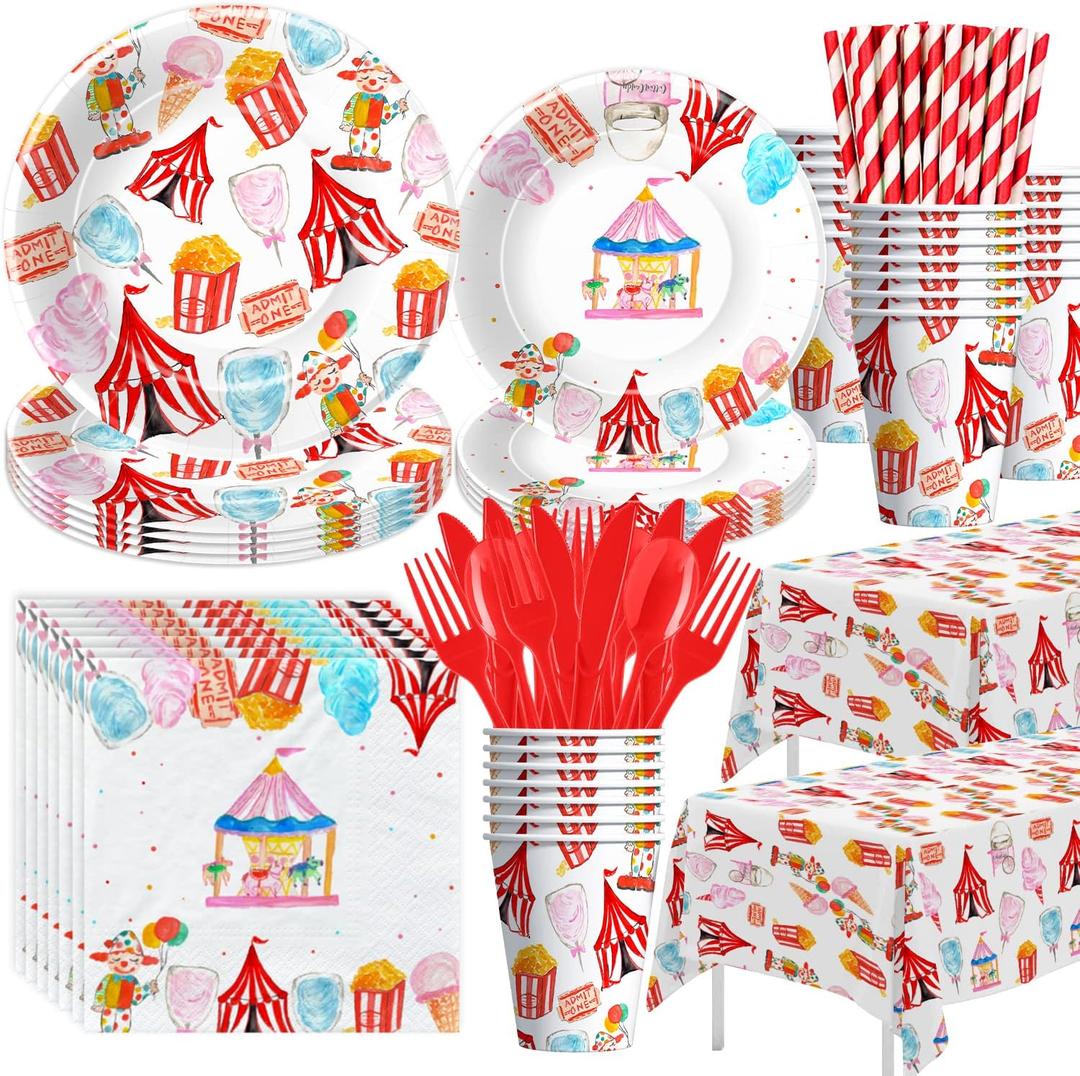 Circus Theme Party Decorations Tableware, Carnival Party Supplies, Plate, Cup, Napkin, Tablecloth, Cutlery, Straw, Circus Carnival Theme Party Decorations For Birthday Baby Shower | Serve 24