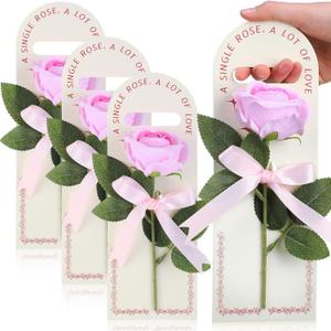 4 Sets Valentine's Day Rose Gift Set for Loved Ones - Artificial Single Rose Bouquets with Handheld Boxes Card, Thoughtful Gift for Girlfriend, Mom, Family, Couples(Pink)