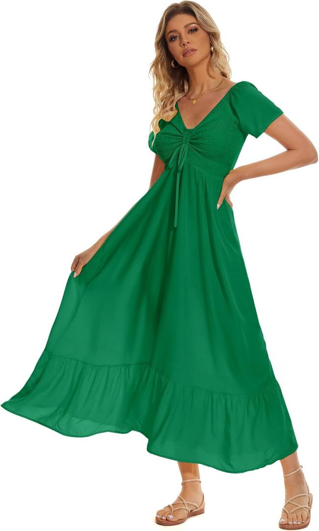 Summer Floral Smocked Maxi Dress for Women 2026 Casual Flowy Tiered A Line Boho Beach Party Long Dresses with Short Sleeve. 140 Size