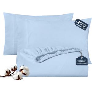 Royale Linen Fitted Sheet With Pillowcases - Queen Fitted Sheets With 2 Pillowcases - 300 Thread Count 100% Organic Cotton - Fit Mattress Up to 18" Deep - Soft & Breathable - Lake Blue (No Flat Sheet)