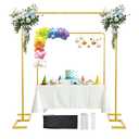 8.2FT x 8FT Backdrop Stand Heavy Duty with Base, Gold Portable Adjustable Pipe and Drape Backdrop Stand Kit, Over The Table Rod Stand with Clamps, Square Metal Arch Party Frame for Birthday Decor