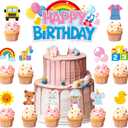 26Pcs Girls Happy Birthday Cupcake Toppers Cartoon Teacher Cupcake Picks Cartoon Girls Party Decorations Rainbow ABC Bus Double Sided Cake Decorations for Birthday Baby Shower Party Supplies